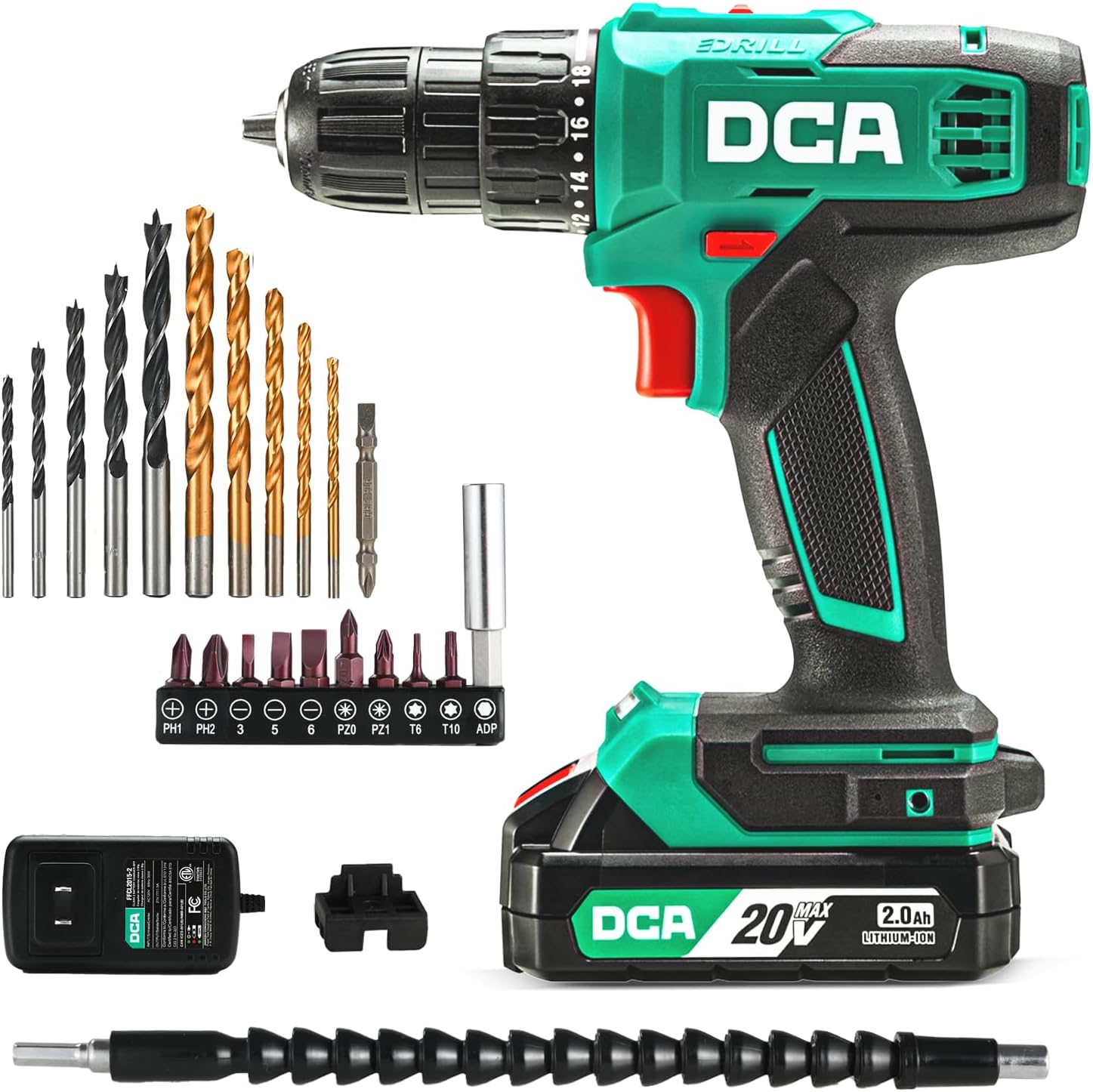 DCA Cordless Drill Set with 3/8 inch Keyless Chuck and 25 Piece Kit