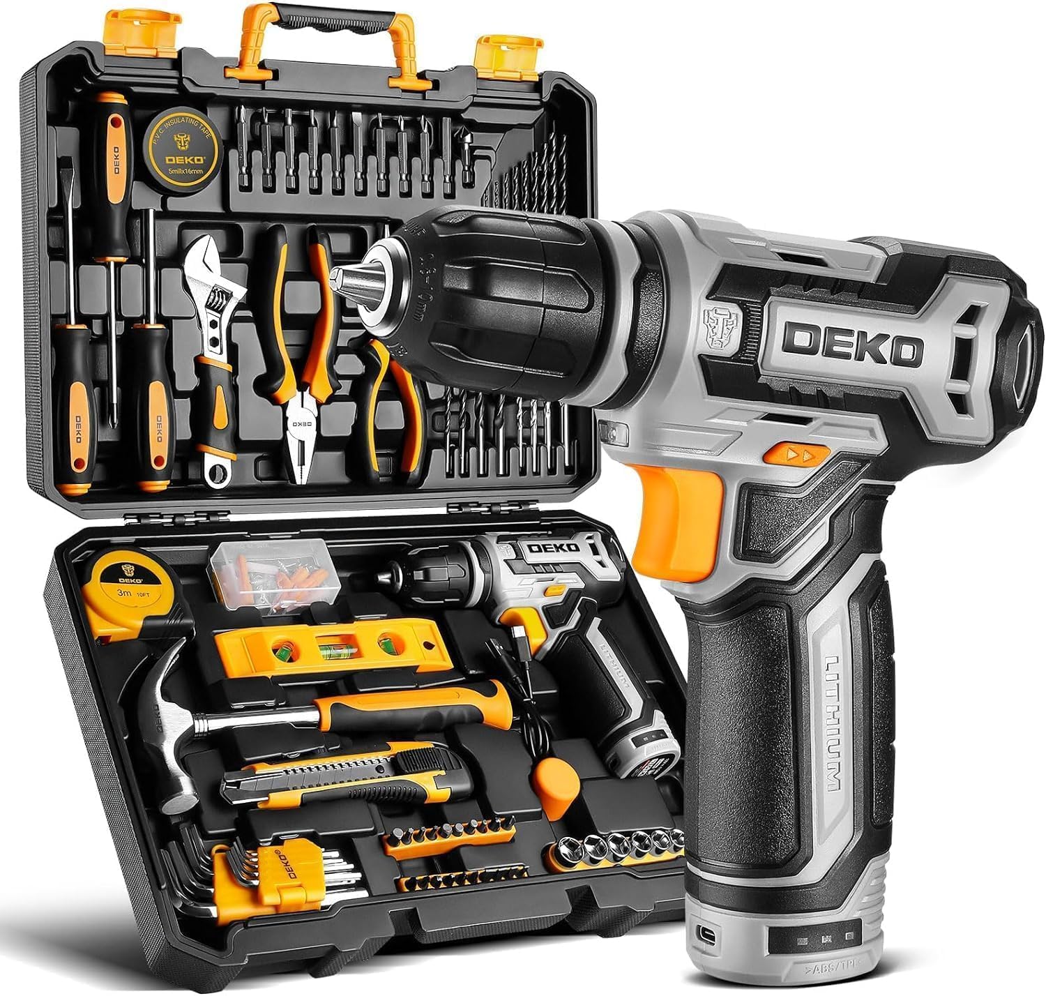 DEKOPRO Cordless Drill Tool Box with 12V Battery Electric Drill Driver