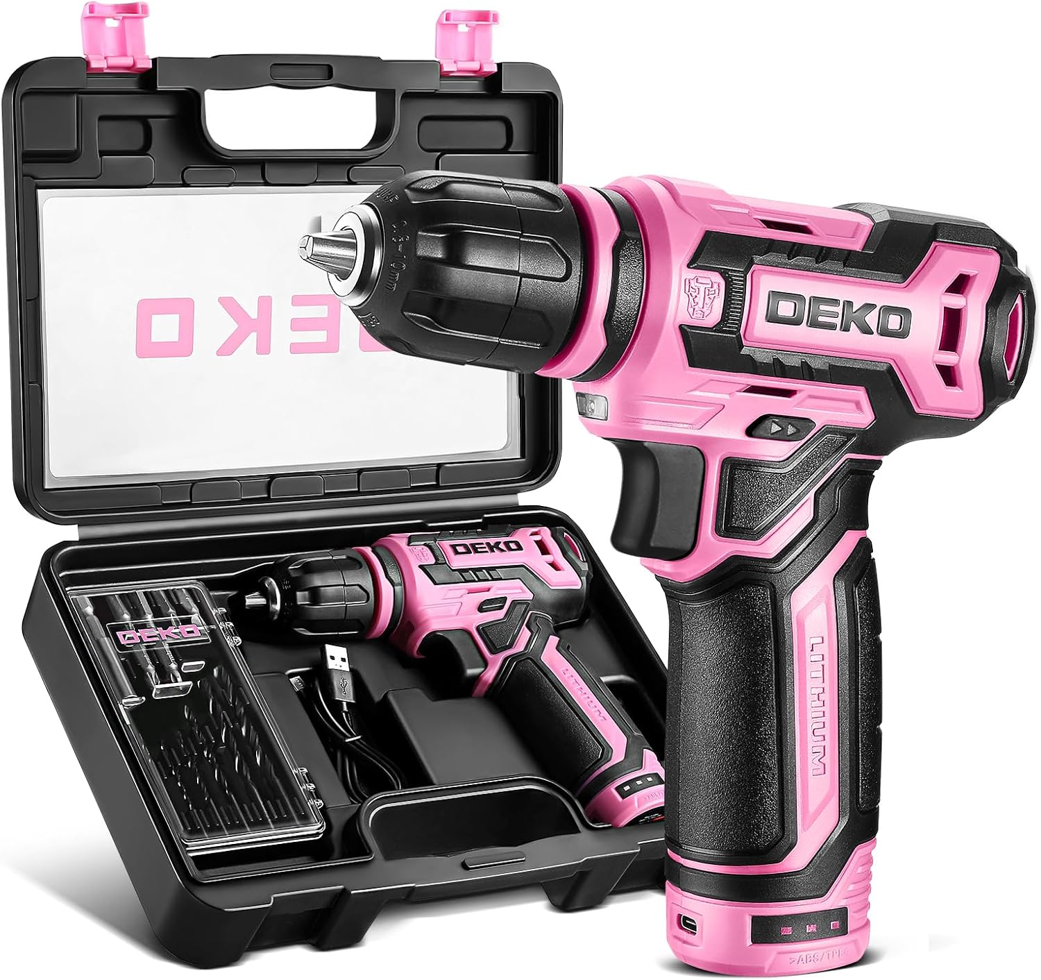 Cordless Drill：DEKOPRO 12V Power Drill Set with Pink 800RPM Electric Drills with Tool Set Gift Box, Pink Drill Set for Women