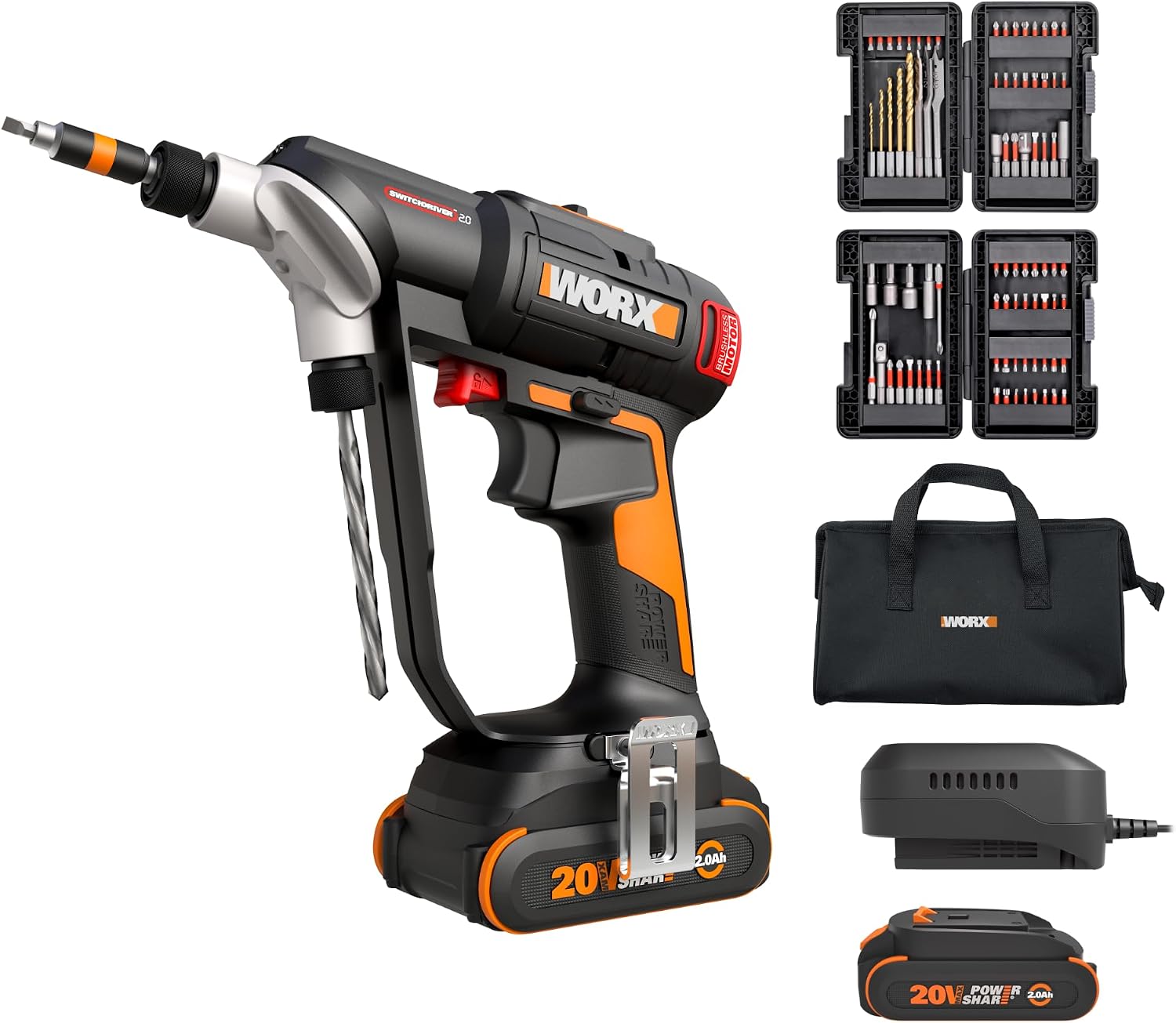 WORX Cordless Drill Driver, 20V Brushless, SwitchDriver 2-in-1, WX177L.2