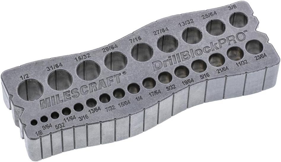 Milescraft 1307 Drill Block PRO, All-Metal Handheld Drilling Guide for Straight Holes, 25 Drill Guides in One, 1/8 inch to 1/2 inch