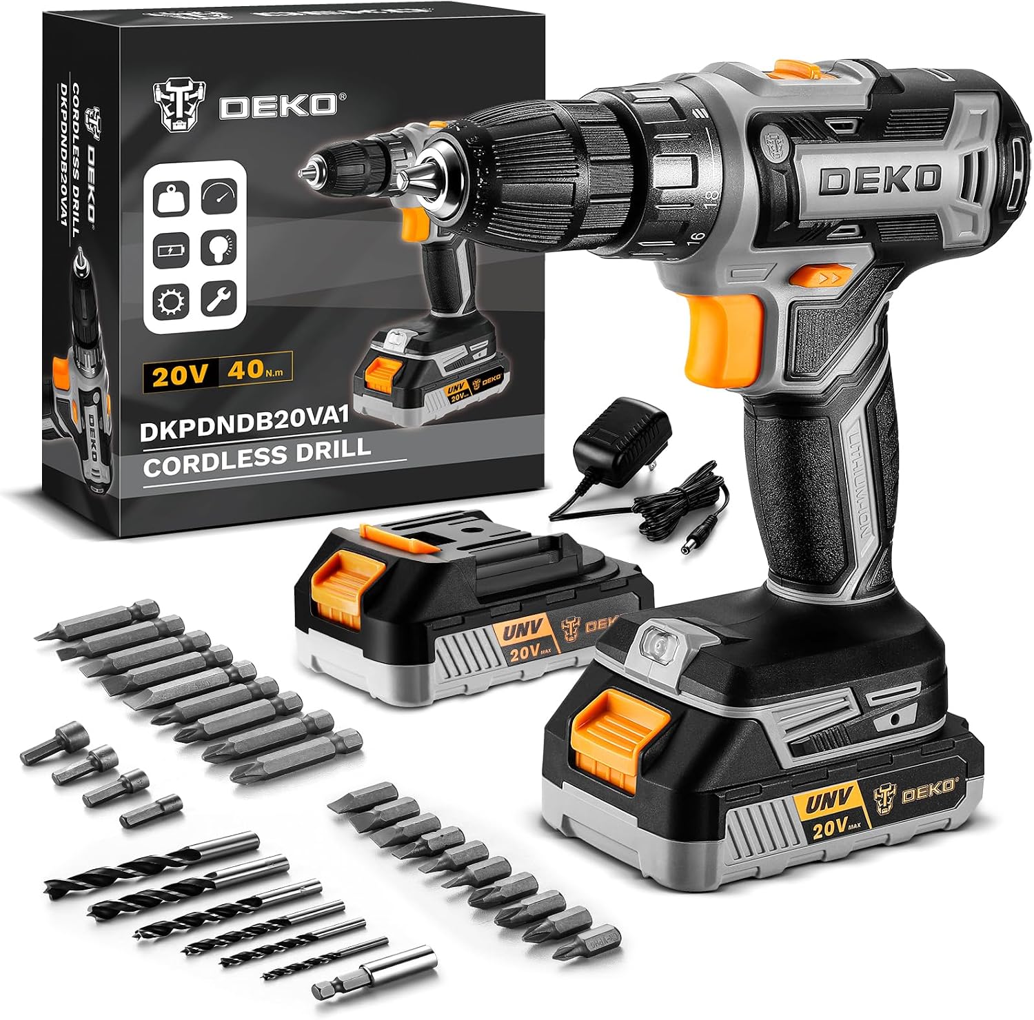 Power Drill Cordless: DEKOPRO 20V Electric Drills with 3/8-Inch Keyless Chuck, Variable Speed, Power Cordless Drill Set Tool with 2 Batteries, Charger&30 Accessories(Gray)